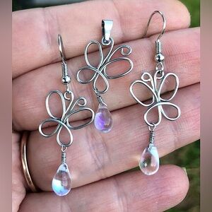 Wire Wrapped Butterfly Rainbow Quartz Pendant Necklace Earrings Jewelry Set